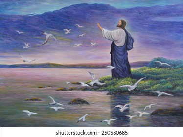  Jesus feeds birds, original oil painting 