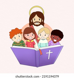 Jesus Kids Read Bible Cartoon Illustration Stock Illustration 