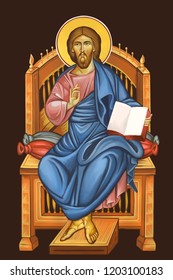 Jesus King Sitting On The Throne. Illustration - Fresco In Byzantine Style