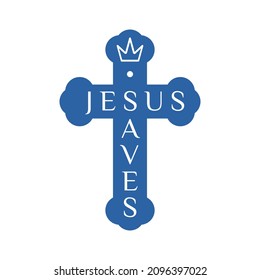 Jesus saves. Cross and crown, creative text. Lettering. Flat isolated Christian illustration. Biblical background