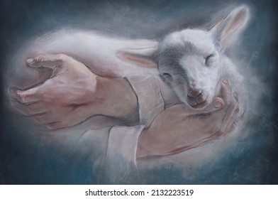 Jesus shepherd holding lamb chalk drawing