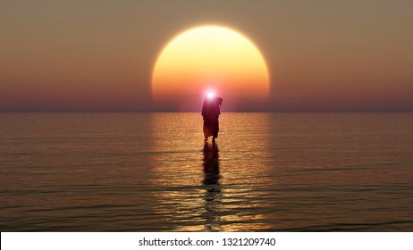 Jesus Walks On Water, Miracles Of Jesus Christ,The Prophet Of God, Jesus Coming From Heaven In The Apocalypse Evening, 3D Rendering, 3D Illustration