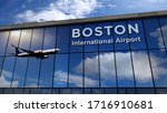Jet aircraft landing at Boston, Massachusetts, USA 3D rendering illustration. Arrival in the city with the glass airport terminal and reflection of the plane. Travel, tourism and transport concept.