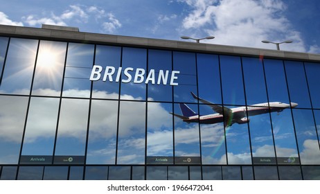 Jet Aircraft Landing At Brisbane, Australia 3D Rendering Illustration. Arrival In The City With The Glass Airport Terminal And Reflection Of The Plane. Travel, Business, Tourism And Transport Concept.