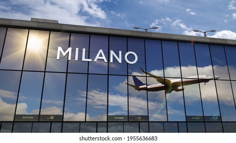 Jet Aircraft Landing At Milan, Italy 3D Rendering Illustration. Arrival In The City With The Glass Airport Terminal And Reflection Of The Plane. Travel, Business, Tourism And Transport Concept.