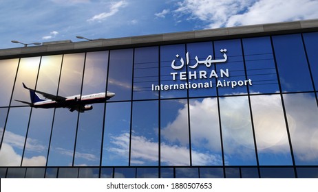 Jet Aircraft Landing At Tehran, Iran 3D Rendering Illustration. Arrival In The City With The Glass Airport Terminal And Reflection Of The Plane. Travel, Business, Tourism And Transport Concept.