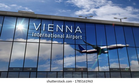 Jet Aircraft Landing At Vienna, Austria 3D Rendering Illustration. Arrival In The City With The Glass Airport Terminal And Reflection Of The Plane. Travel, Business, Tourism And Transport Concept.