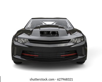 Jet Black Modern Muscle Car - Front View Closeup Shot - 3D Illustration