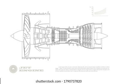 Jet Engine Of Airplane In Outline Style. Industrial Aerospase Blueprint. Drawing Of Plane Motor. Part Of Aircraft. Isolated Image. Side View