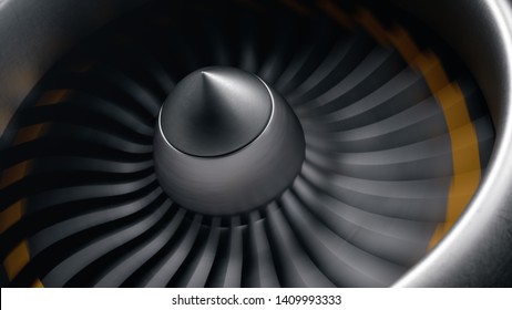 Jet Engine, Close-up View Blades. Engine Blades At The Ends Painted Orange. Jet Engine Blades In Motion. Part Of The Airplane. 3D Illustration