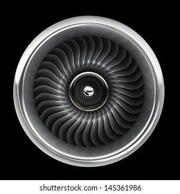 Jet engine front view isolated on black background. High resolution. 3D image