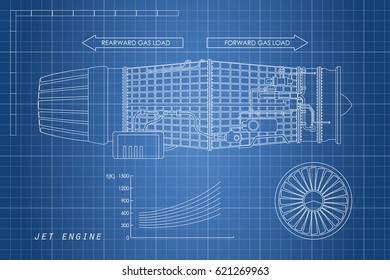 Jet Engine In A Outline Style. Industrial Vector Blueprint. Part Of The Aircraft. Side View. 