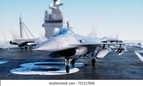 Jet f16, fighter on aircraft carrier in sea, ocean . War and weapon concept. 3d rendering.
