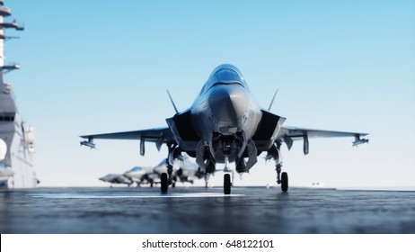 Jet f35 , fighter on aircraft carrier in sea, ocean . War and weapon concept. 3d rendering.