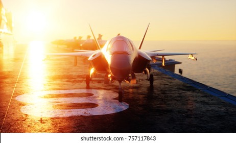 Jet f35, fighter on aircraft carrier in sea, ocean . War and weapon concept. 3d rendering.
