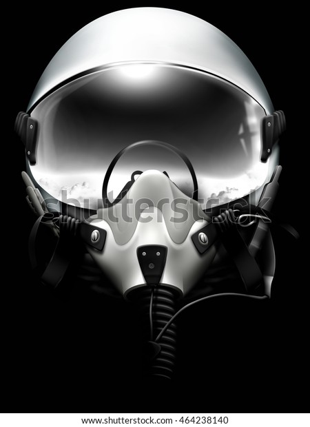 黒い背景にジェット戦闘機のパイロットヘルメット モノクロ図面 のイラスト素材