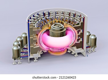 JET nuclear fusion reactor, energy produced thanks to the fusion of atoms, the process that powers the Sun. ITER the first experimental reactor that involves the production of plasma. 3d rendering