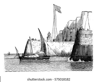 Jetty, Dimensions of Normandy, vintage engraved illustration. Magasin Pittoresque 1842.