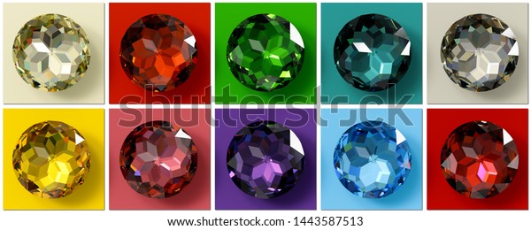 Jewel tones. Ten multi colored gemstones ,\
jewel color swatches. 3D\
illustration