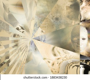 Jeweled Mask, Human Face With Open Door And Angular Shapes With Eye And Flying Time And Partial Inversion Of Color Abstract. 3D Rendering