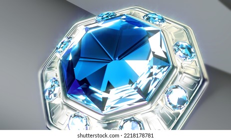 Jewellery Bg, Silver Or White Gold Ring With Blue Diamond Or Topaz Stones - Abstract 3D Illustration