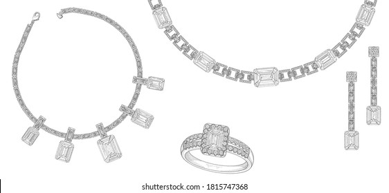 Jewellery. Drawing of a necklace and a ring with precious stones on a white background. Isolated sketch. White background with hand painted diamond rings. Texture background for advertising