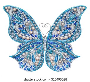 Jewelry butterfly with pearls and blue gems