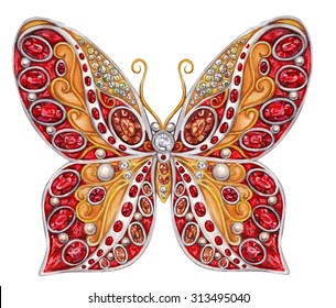 Jewelry butterfly with rubies and opals