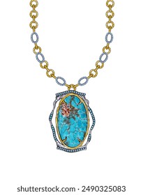 Jewelry design fancy art necklace set with blue topaz and turquoise hand drawing on paper.