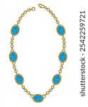 Jewelry design golden chain necklace with turquoise gemstones. This elegant necklace design features a series of vibrant turquoise gemstones set in intricate golden frames.