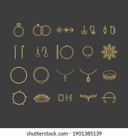 Jewelry Gold Thin Line Icon Set Include of Earrings, Bracelet, Ring, Necklace and Chain. illustration of Jewellery