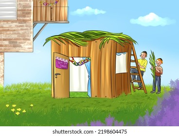 Jewish children help in building a Sukkah in honor of Sukkot