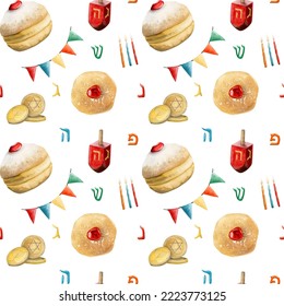 Jewish Hanukkah Seamless Pattern With Traditional Symbols And Bakery For Party Designs, Gift Paper, Festive Tableware. Donuts, Dreidel, Candles, Coins