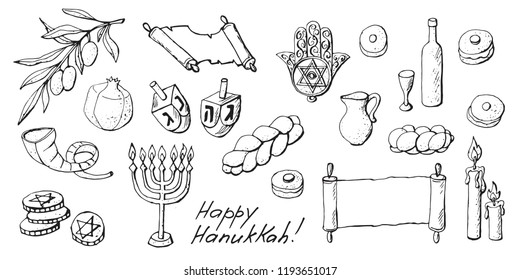 Jewish Holiday Hanukkah Black White Set Traditional Chanukah Symbols - Wooden Dreidels, Hebrew Letters, Donuts, Menorah Candles, Oil Jar, Star David, Challah, Shofar, Gelt, Torah, Hamsa, Isolat Raster