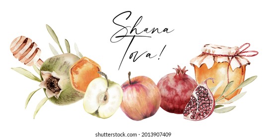 Jewish new year Rosh Hashanah greeting card design with honey, pomegranate and apples. Jewish New year celebration. Watercolor honey jar and fruits. Shana tova greeting card template.  - Powered by Shutterstock