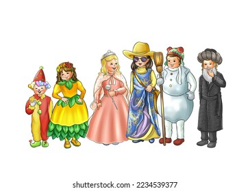 Jewish Purim costume party - Jewish rabbi, clown, orange, tour guide, snow doll, queen. - Powered by Shutterstock