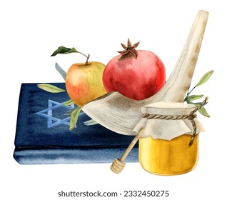 Jewish Rosh Hashanah symbols with Torah book, star of David, honey jar, pomegranate fruit and apple, shofar horn watercolor illustration isolated on white for Israel new year and yom kippur - Powered by Shutterstock