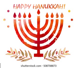 Jewish Traditional Holiday Hannukah. Greeting Card With Menorah And Text Happy Hanukkah. Watercolor Background.