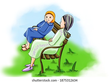 Jewish ultra-Orthodox women sit chatting in the garden - Powered by Shutterstock