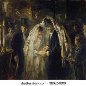 Jewish Wedding, by Jozef Israels, 1903, Dutch painting, oil on canvas. The bride and groom are under the prayer shawl, as he places the ring on her finger. A small group of guests stand around the cou