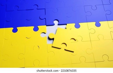 Jigsaw Puzzle With National Flag Of Ukraine. 3D Render, Horizontal Background. Diplomacy, Borders, Global Trade, Geopolitics Concept.