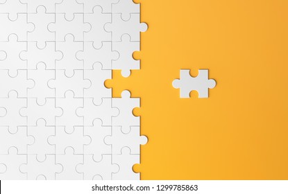 Jigsaw Puzzle, Pattern Texture With Space In Strategy And Solution Of Team Business Success Partnership Concept On Orange Background. 3d Abstract Illustration