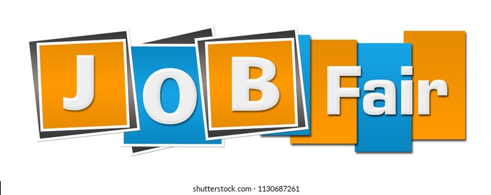 Job fair text written over blue orange background.