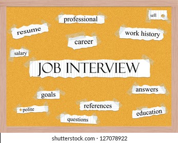 Job Interview Corkboard Word Concept With Great Terms Such As Resume, Career, Salary, Sell And More.