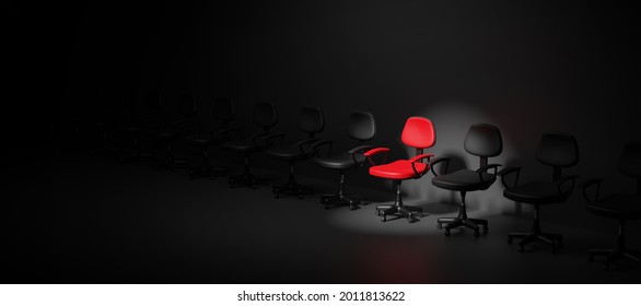 Job interview, recruitment concepts.Row of chairs with one odd one out. Job opportunity.Red chair in spotlight.Business leadership. recruitment concept.3D rendering and illustration.