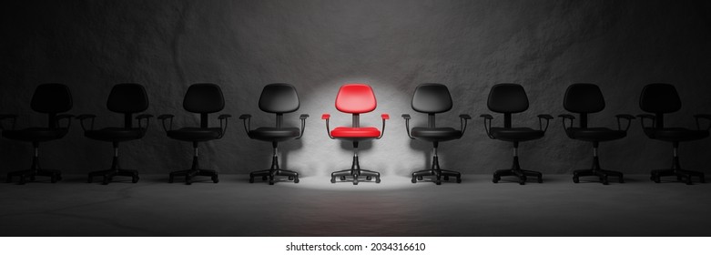 Job interview, recruitment concepts.Row of chairs with one odd one out. Job opportunity.Red chair in spotlight.Business leadership. recruitment concept.3D rendering and illustration.