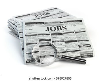 Job search. Loupe with jobs classified ad newspapers isolated on white. 3d illustration