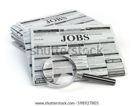 Job search. Loupe with jobs classified ad newspapers isolated on white. 3d illustration