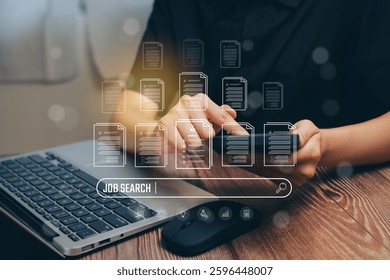 A Job Search Process with Digital Documents and Laptop on Wooden Desk in Modern Office, Business concept
