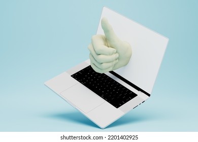 A Job Well Done On The Computer. A Laptop And A Thumbs Up Sticking Out Of It. 3D Render.